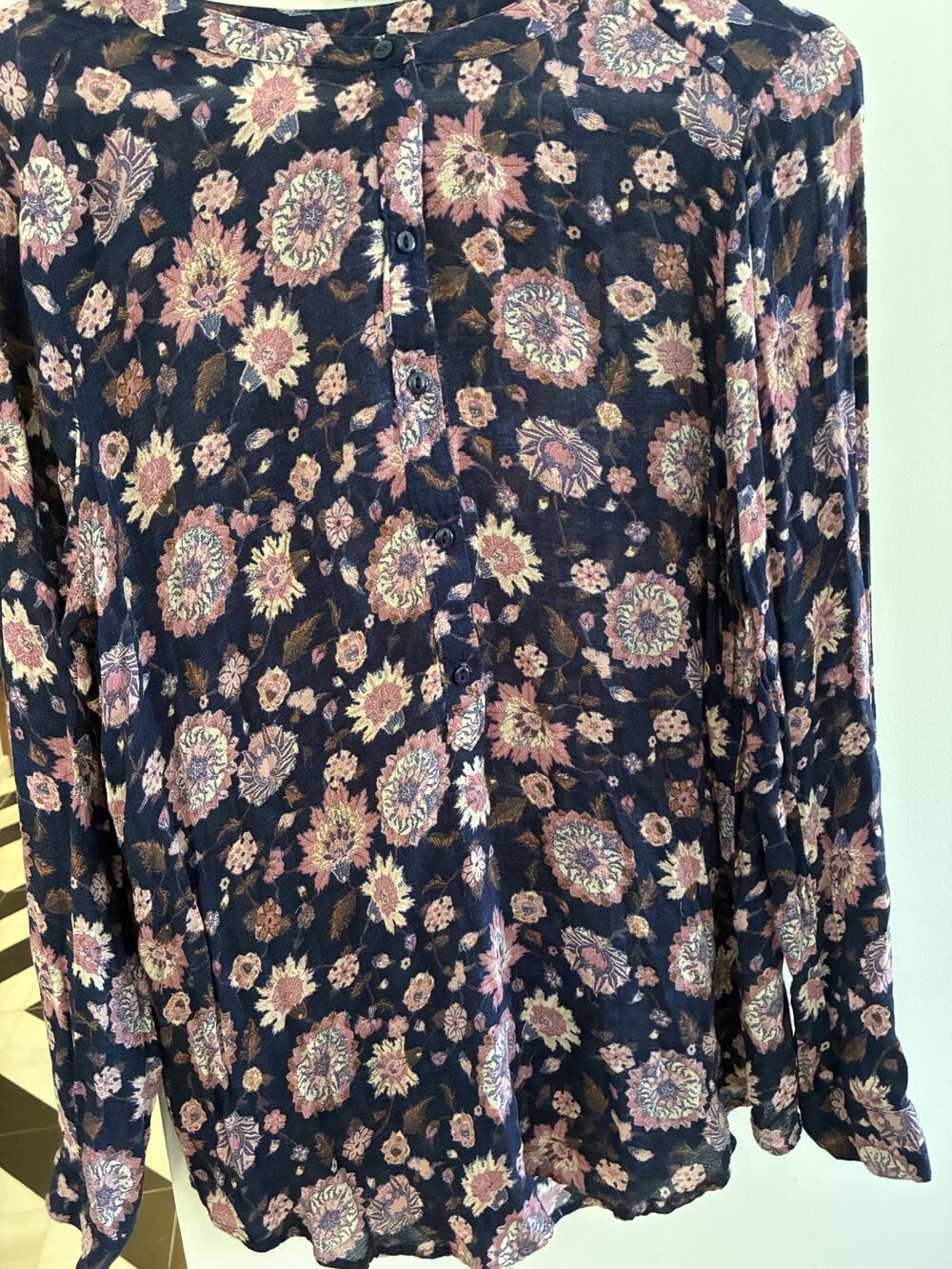 Lucky Brand Womens Top L Tunic Shirt Top Blouse Black Floral Boho Peasant Hippie